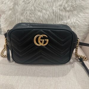 Gucci Black Chevron Crossbody Bag with Gold Accents